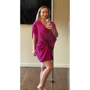 Foley + Corinna Magenta Silk Draped Mini Dress - Fishnet Detail - Small